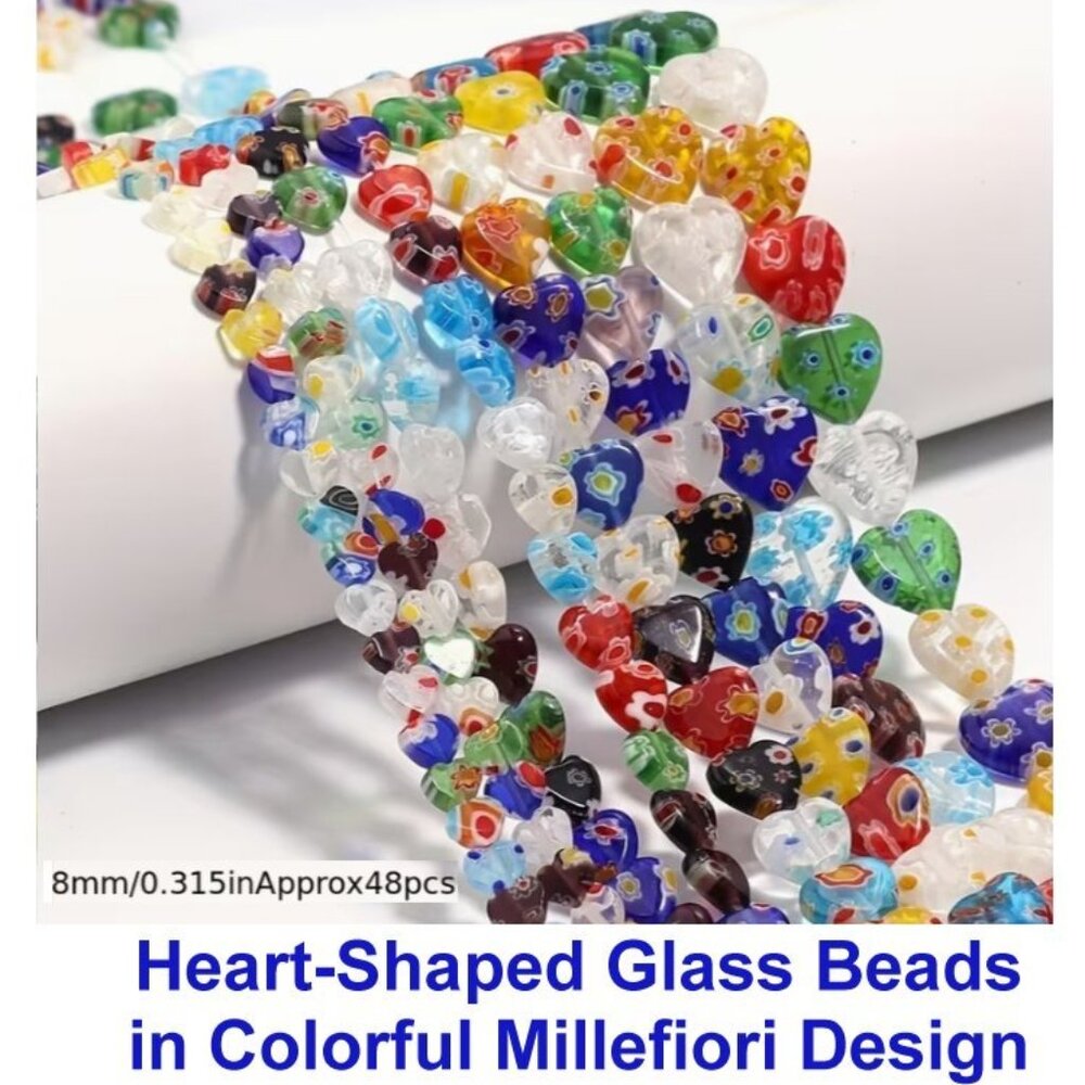 Heart-Shaped Glass Beads in Colorful Millefiori Design 8mm Approx. 48 beads